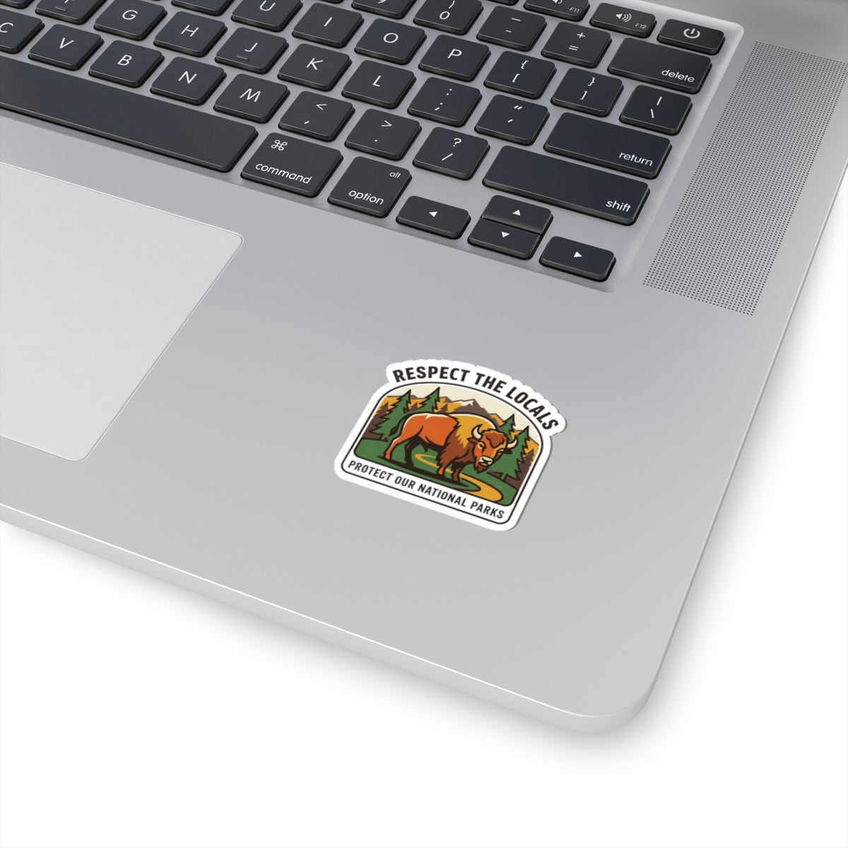 Respect the Locals buffalo sticker promoting national park protection, featuring a bold buffalo design on paper camping decal.