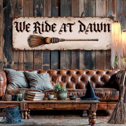 Halloween wall sign canvas by Tailored Canvases featuring "We Ride At Dawn" design in spooky, artistic style.