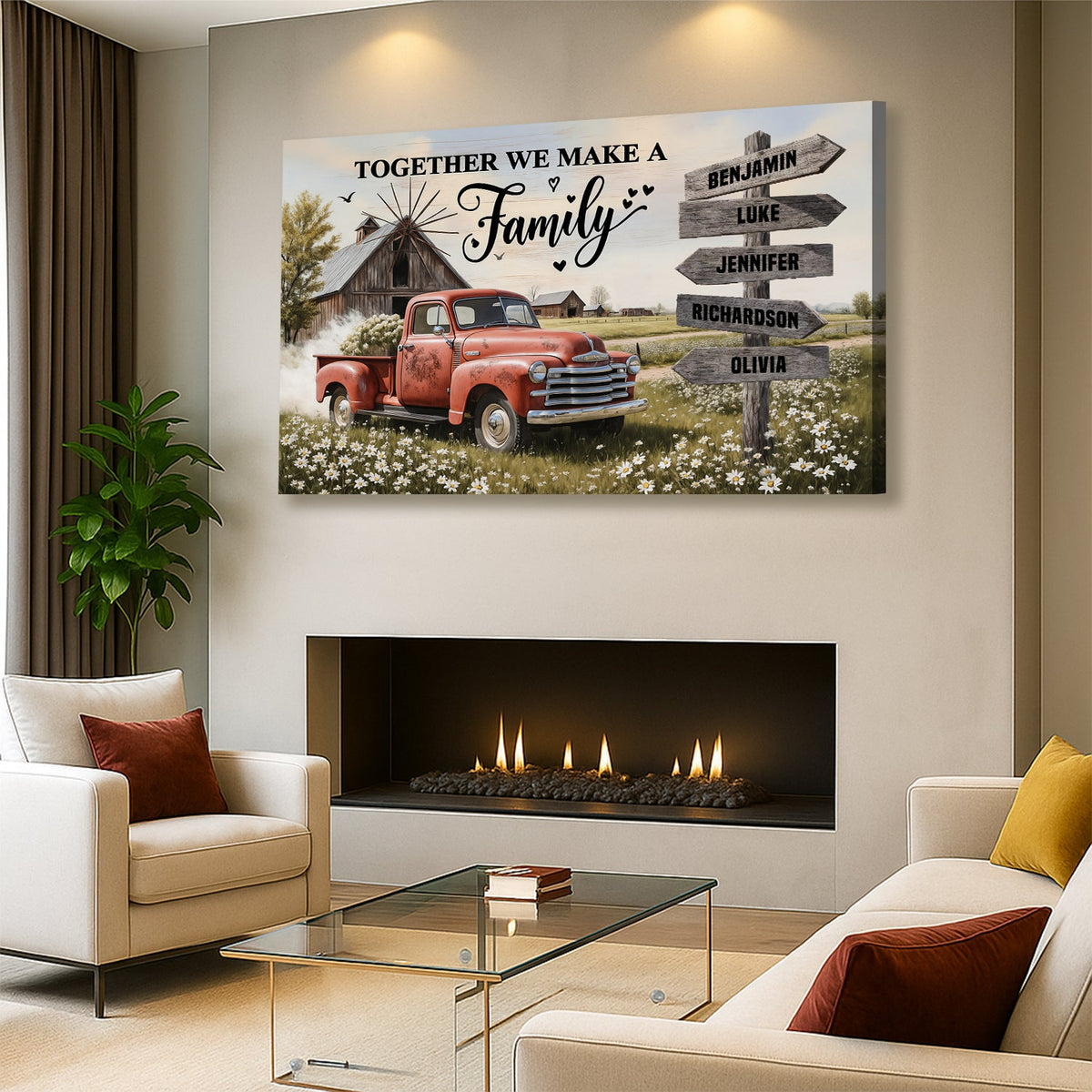 Personalized family farmhouse old truck canvas wall art by Tailored Canvases, featuring vintage truck and farm scene, ready for home decor.