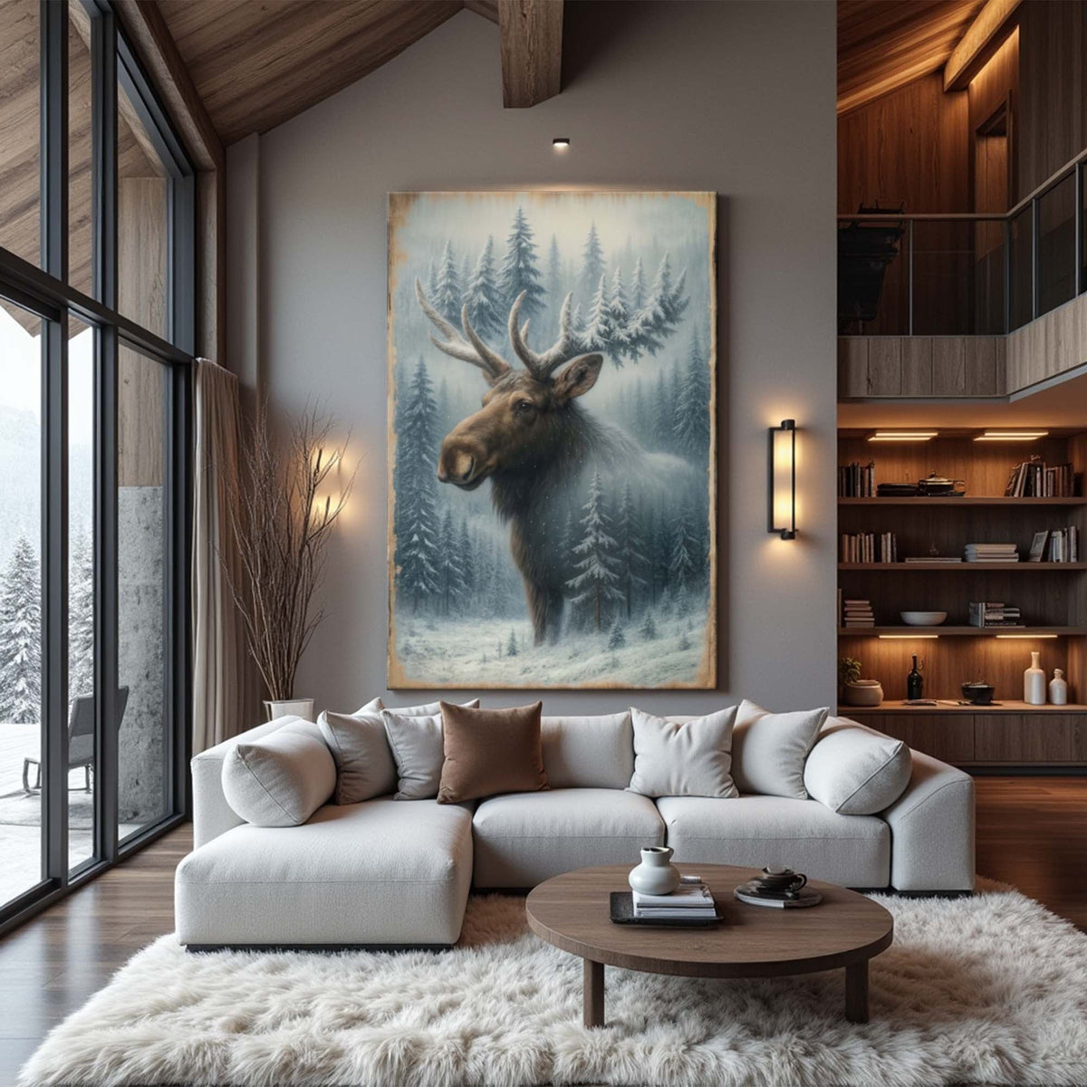 Snowy forest moose double exposure canvas wall art by Tailored Canvases, featuring a moose silhouette with winter forest scene.