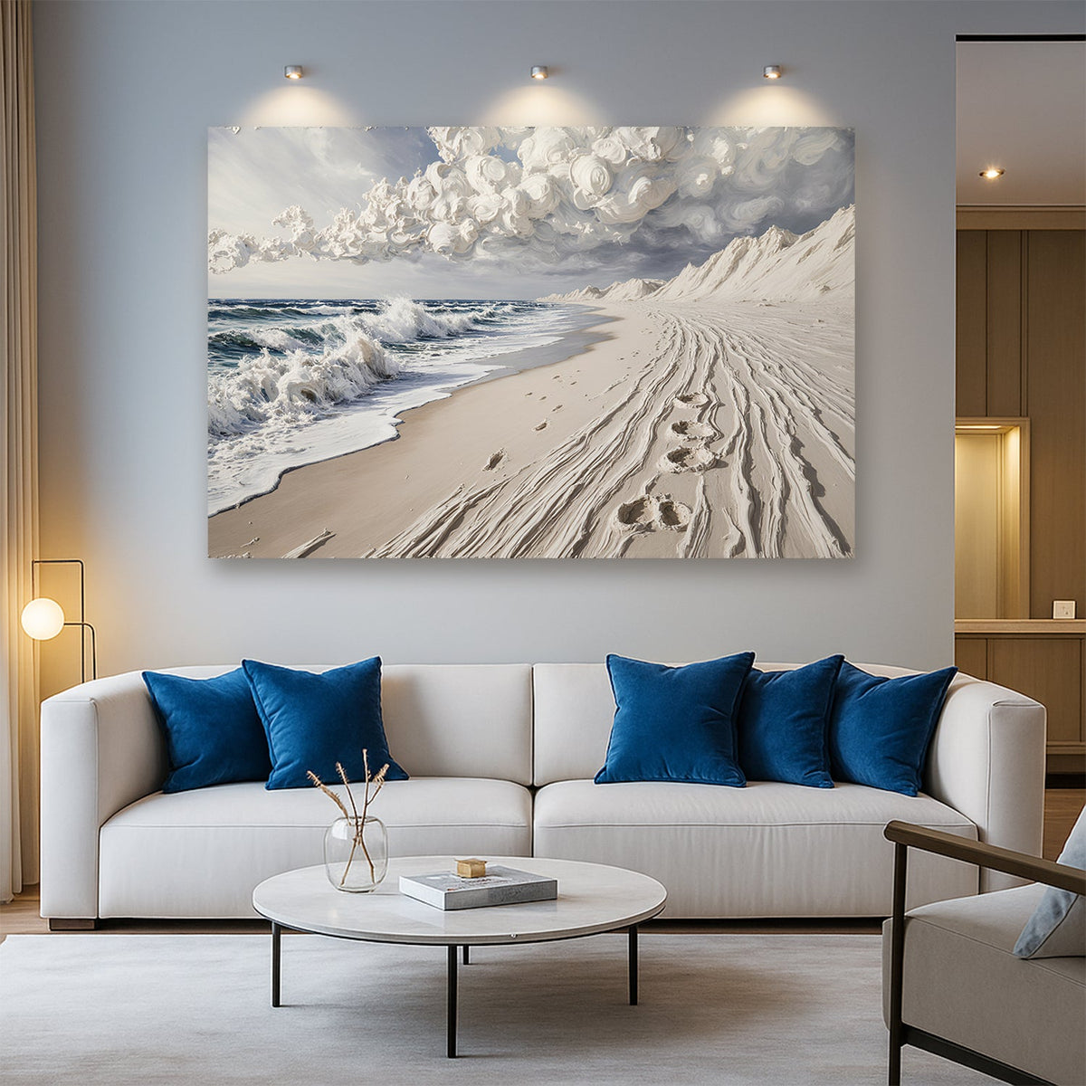 Canvas wall art featuring footprints in the sand, designed by Tailored Canvases for coastal-inspired home decor.