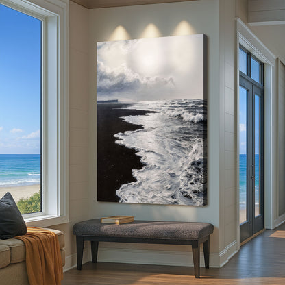 Black and white waves abstract canvas wall art by Tailored Canvases featuring flowing wave patterns on textured canvas.