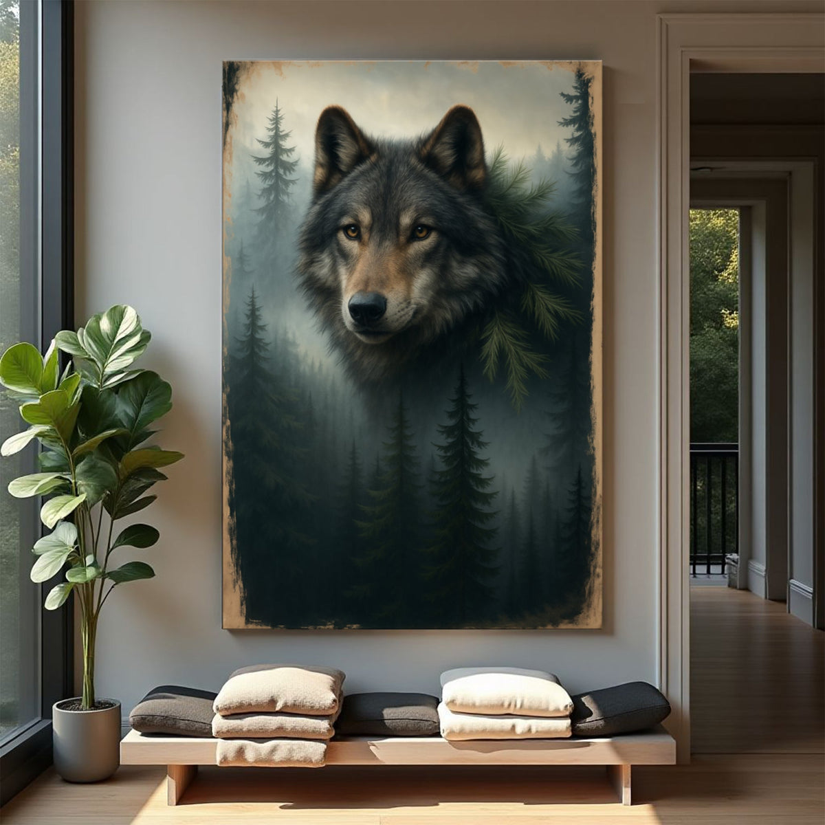 Wolf Double Exposure Wall Art on canvas by Tailored Canvases, featuring a striking double exposure wolf design.