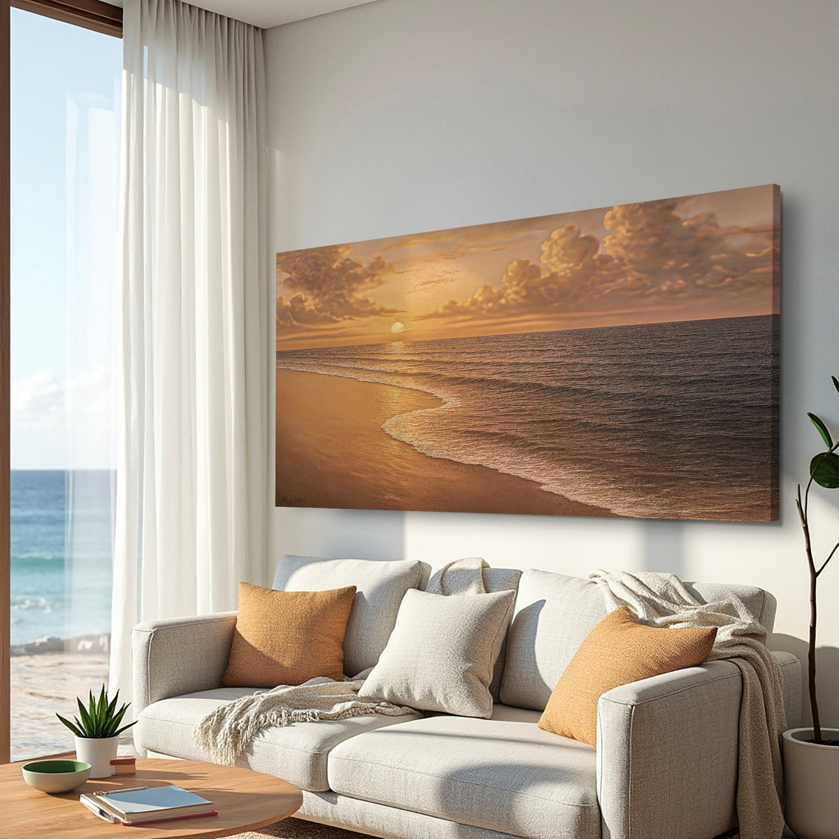 Canvas wall art featuring a serene shoreline coastal scene by Tailored Canvases for coastal home decor.