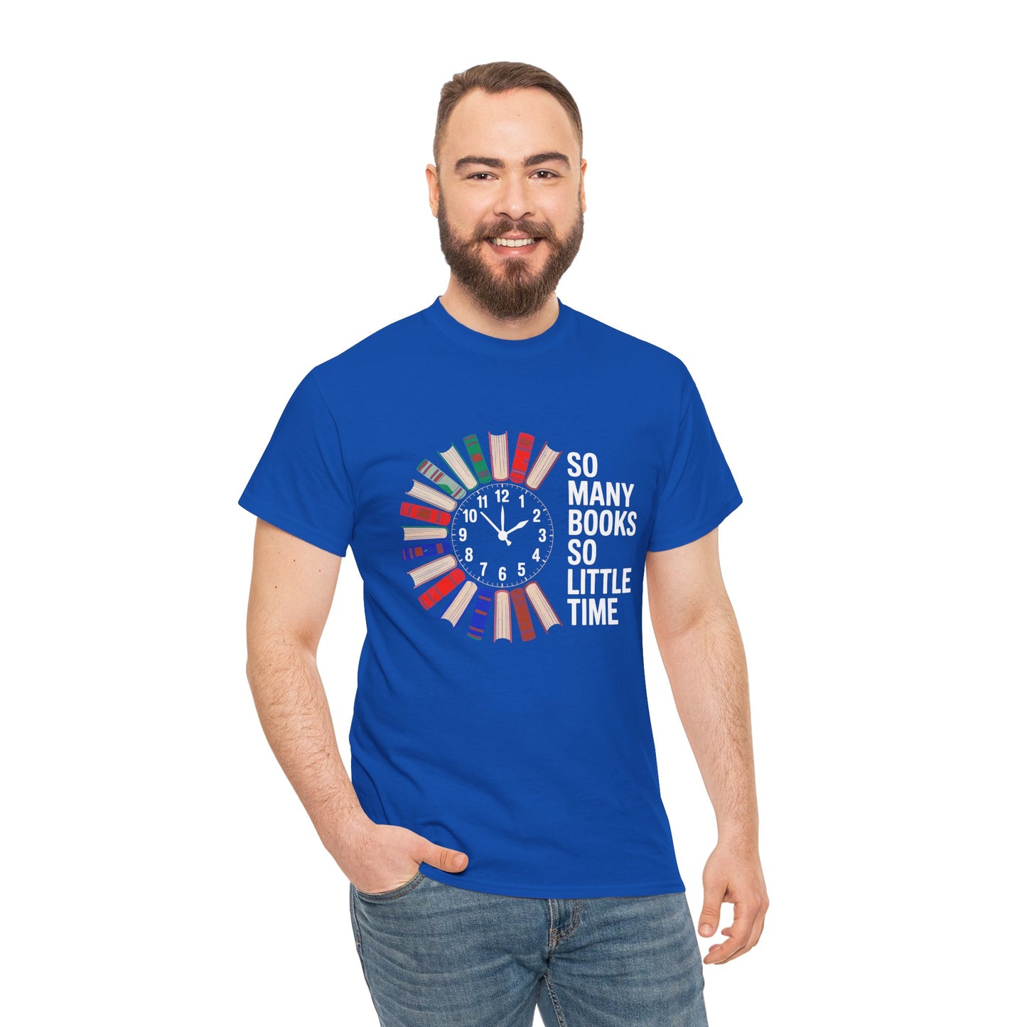Black T-shirt with a reading clock design featuring books and the phrase "So Many Books So Little Time" for book lovers.