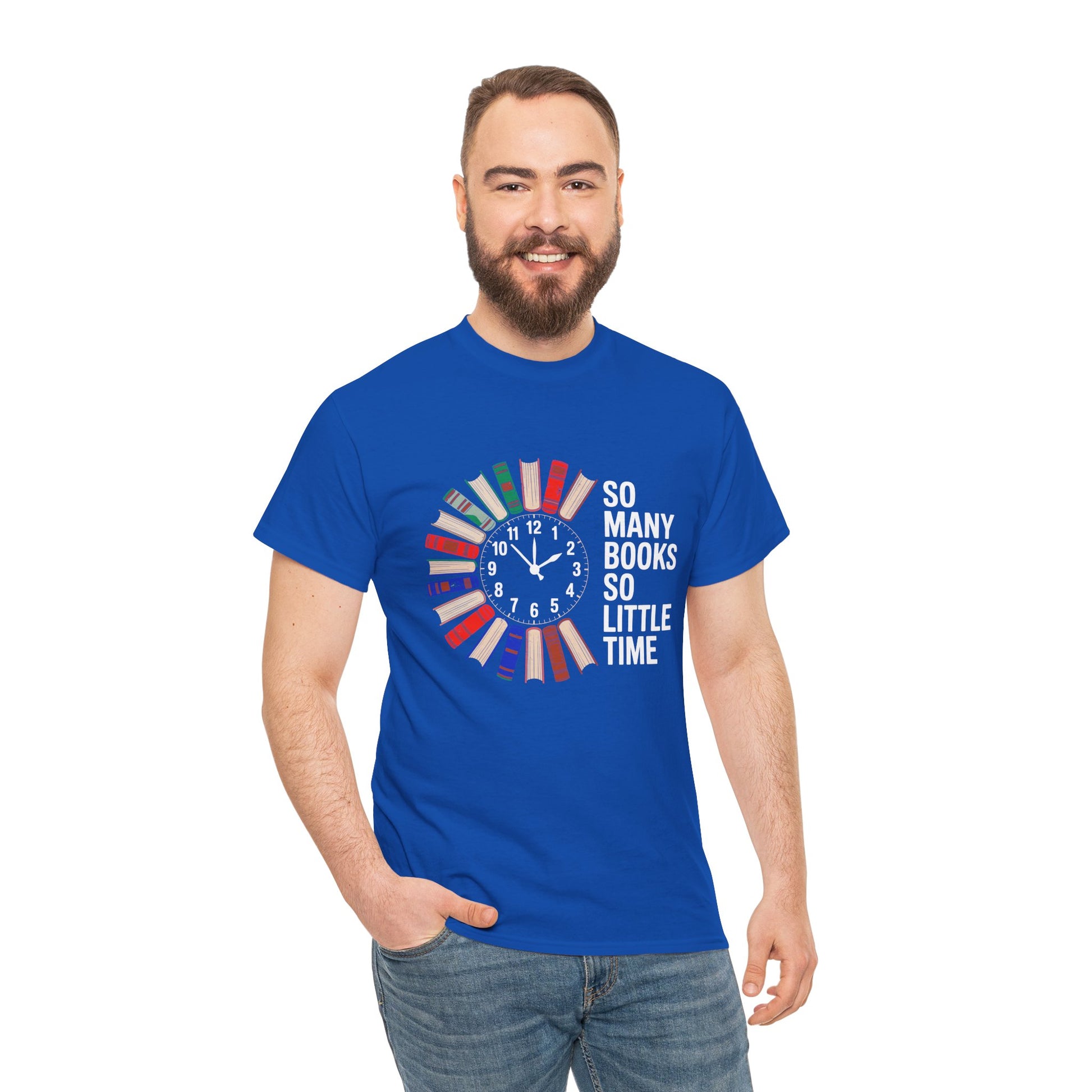 Black T-shirt with a reading clock design featuring books and the phrase "So Many Books So Little Time" for book lovers.