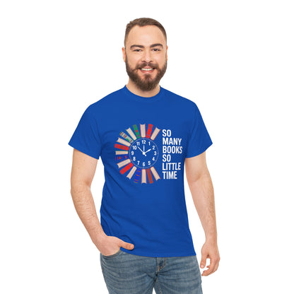 Black T-shirt with a reading clock design featuring books and the phrase "So Many Books So Little Time" for book lovers.