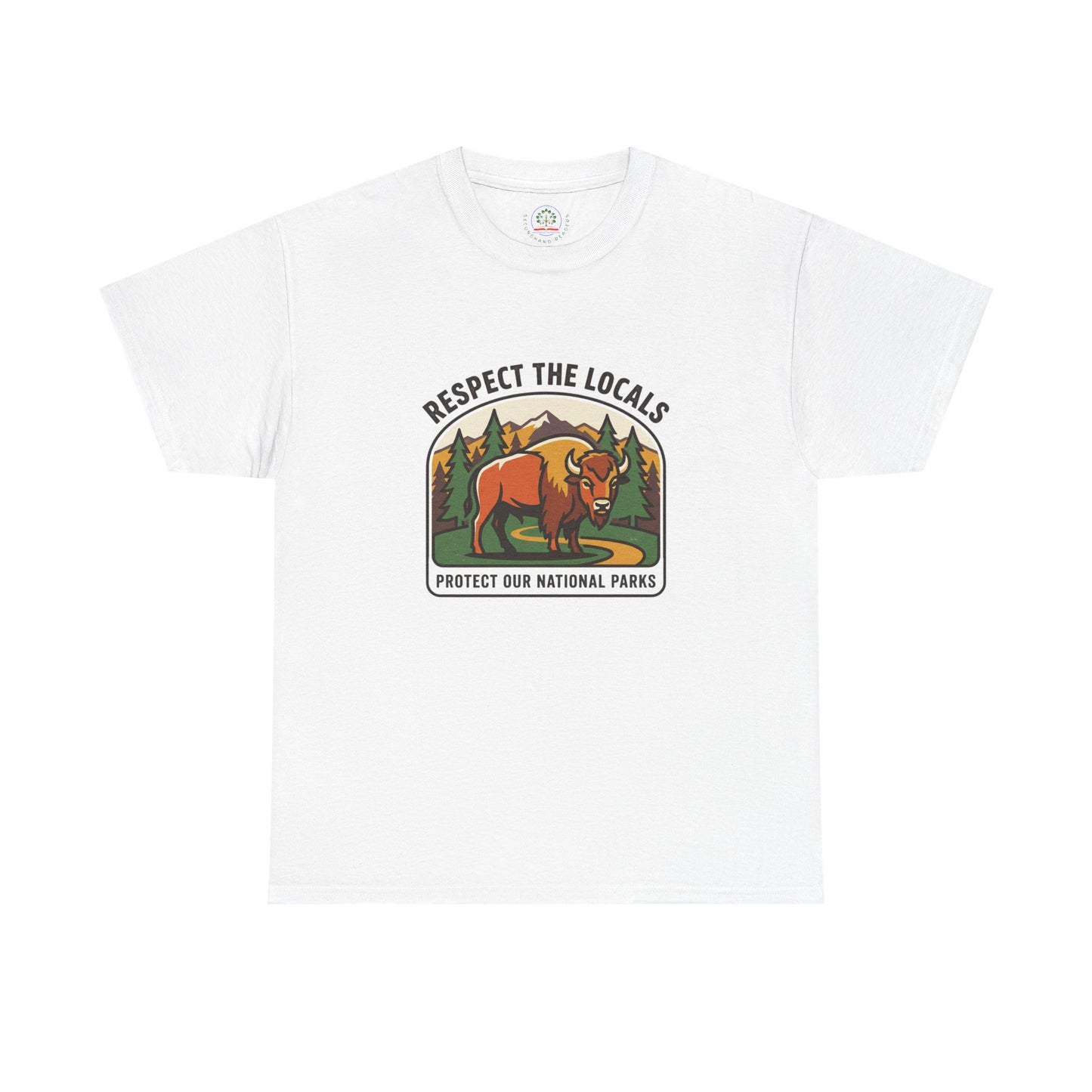 Respect the Locals Bison Patch T-Shirt featuring a printed bison graphic, perfect for hiking and camping enthusiasts.