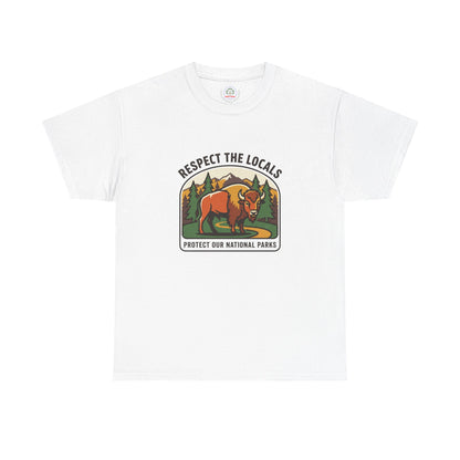 Respect the Locals Bison Patch T-Shirt featuring a printed bison graphic, perfect for hiking and camping enthusiasts.