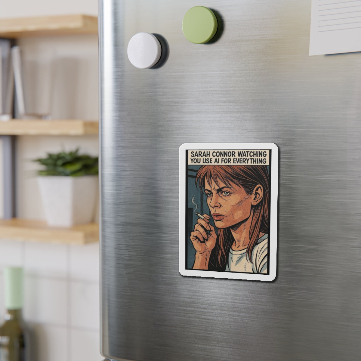 Sarah Connor AI die-cut magnet featuring cyberpunk style, perfect for home decor with a sarcastic retro cyberpunk design.