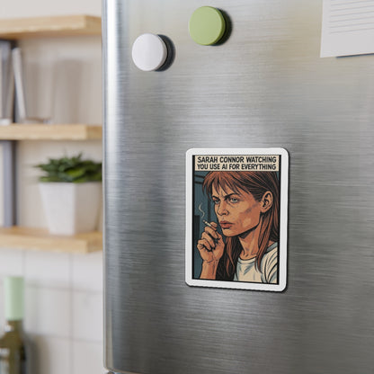 Sarah Connor AI die-cut magnet featuring cyberpunk style, perfect for home decor with a sarcastic retro cyberpunk design.