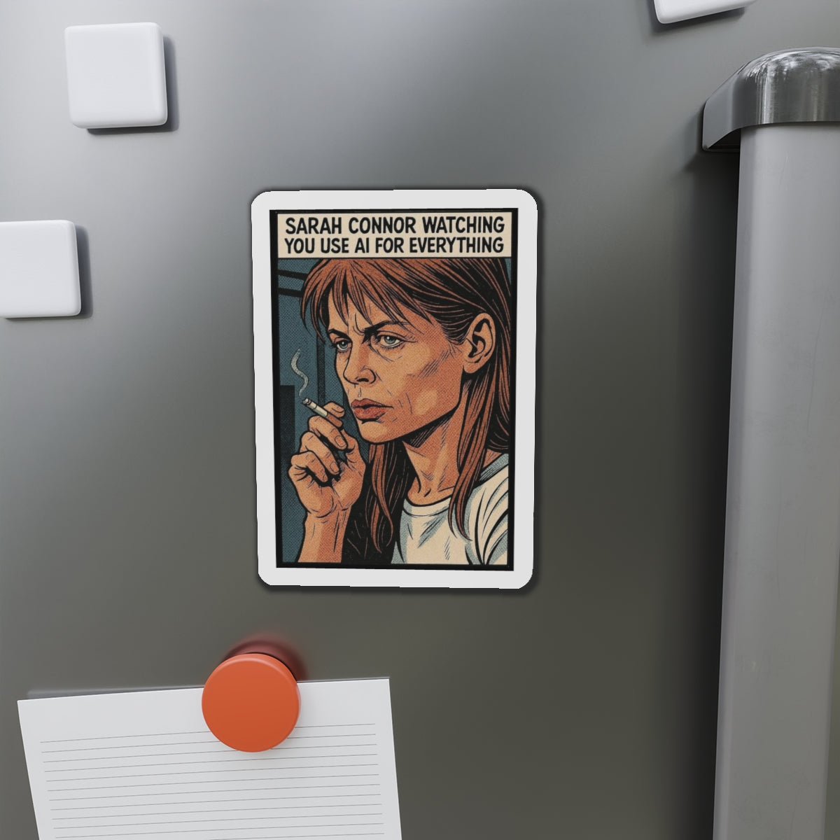Sarah Connor die-cut magnet featuring her watching you use AI, in a sarcastic cyberpunk retro style, ideal for home decor.