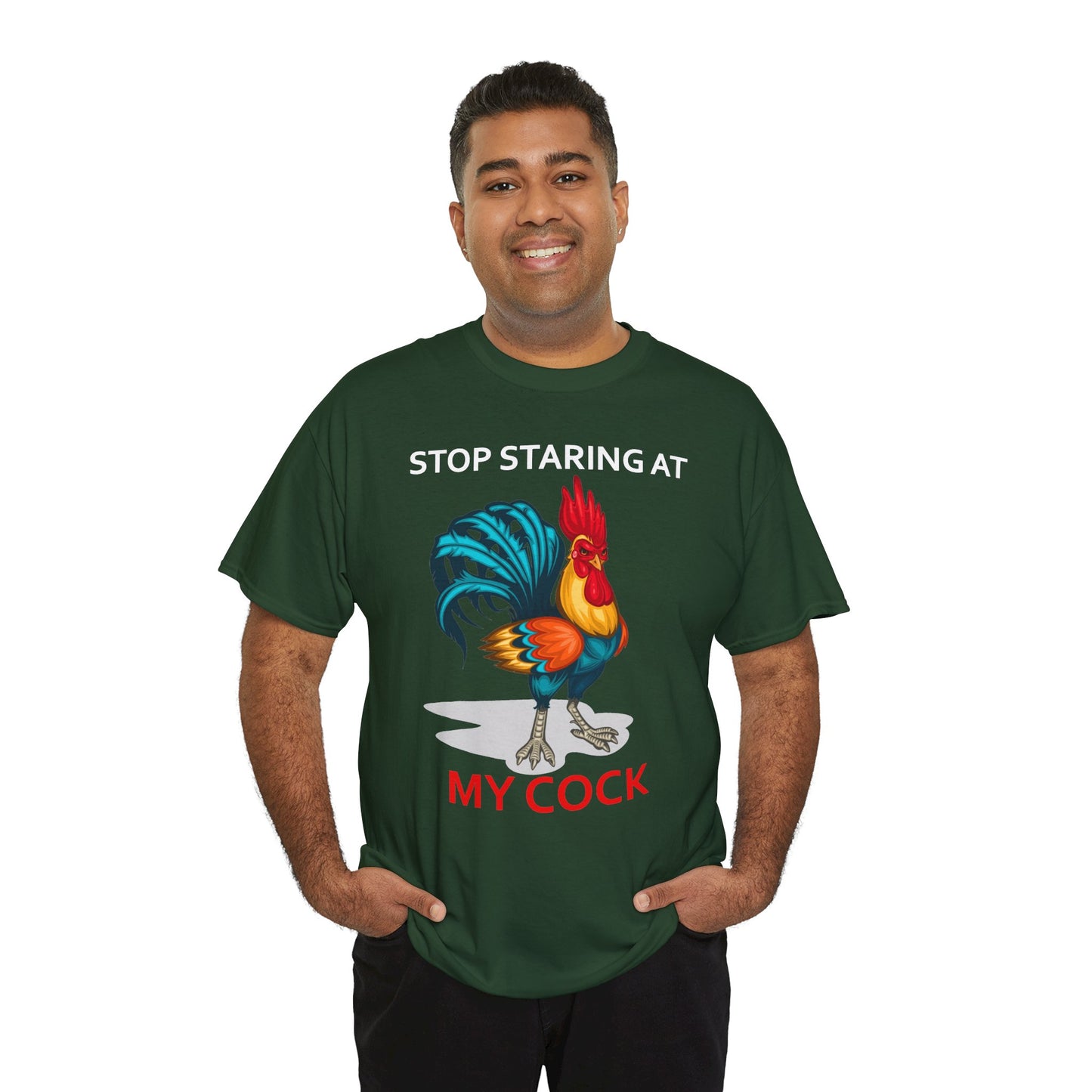 Funny chicken lovers T-shirt with "Stop Staring at My Cock" slogan, unisex farm animal design by Printify.