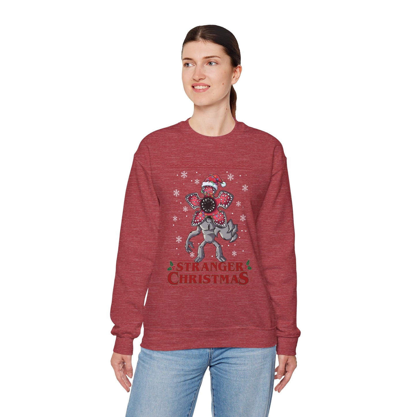 Stranger Christmas Crewneck Sweatshirt — Retro Holiday Stranger Things Demogorgon Design, Ugly Sweater