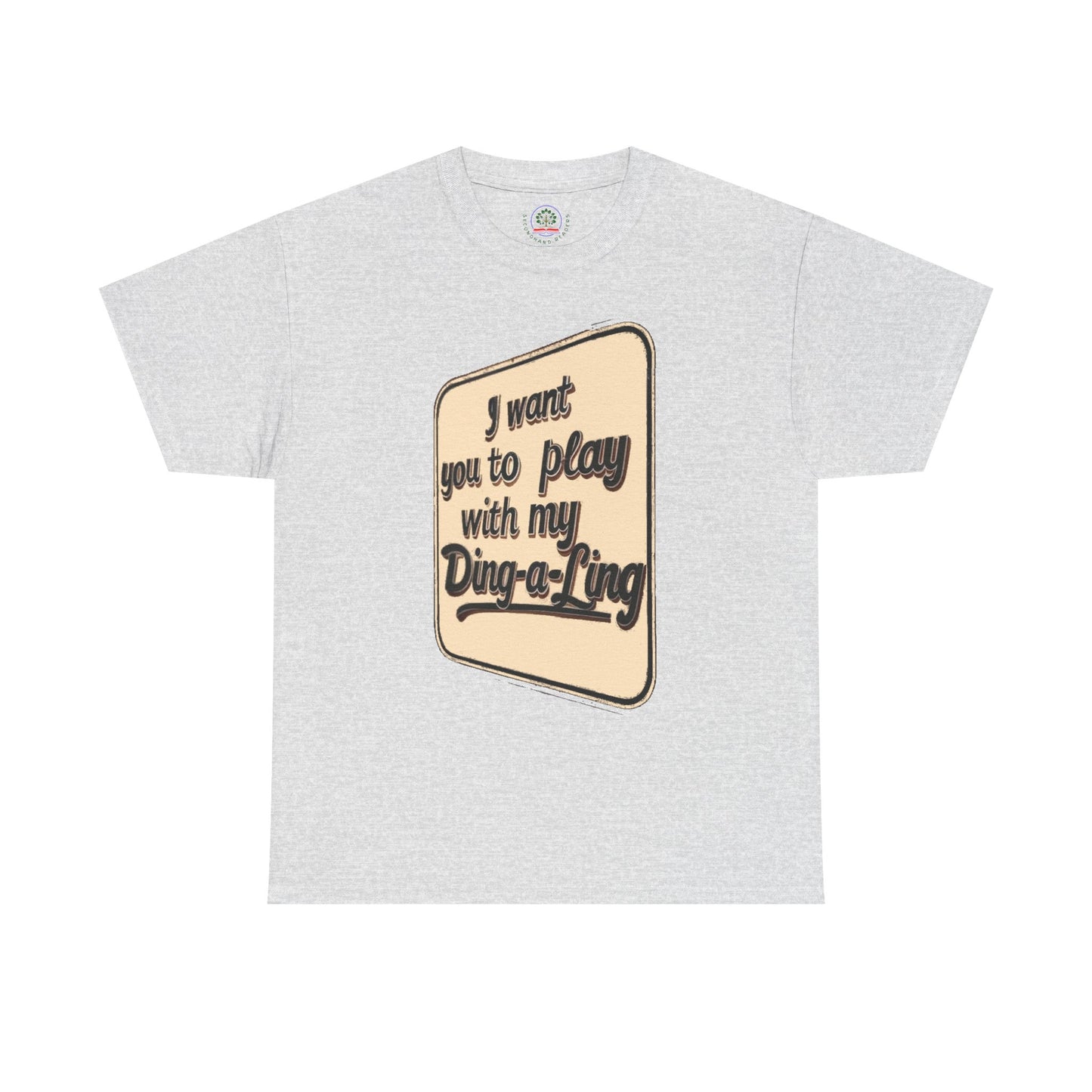 Graphic T-shirt featuring Chuck Berry's "I Want You to Play with My Ding-a-Ling" joke design, retro novelty humor, Printify brand.
