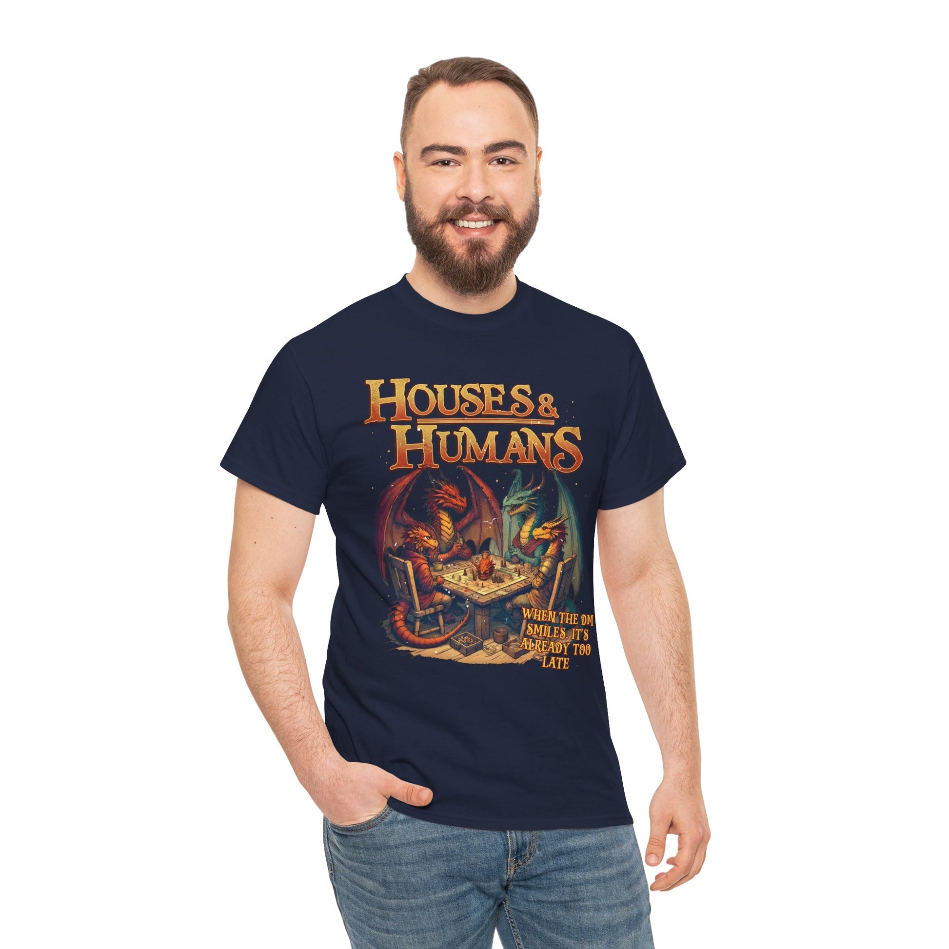 Gray Houses and Humans Role-Playing T-Shirt featuring RPG and MTG graphics, perfect for geek role-playing game enthusiasts.