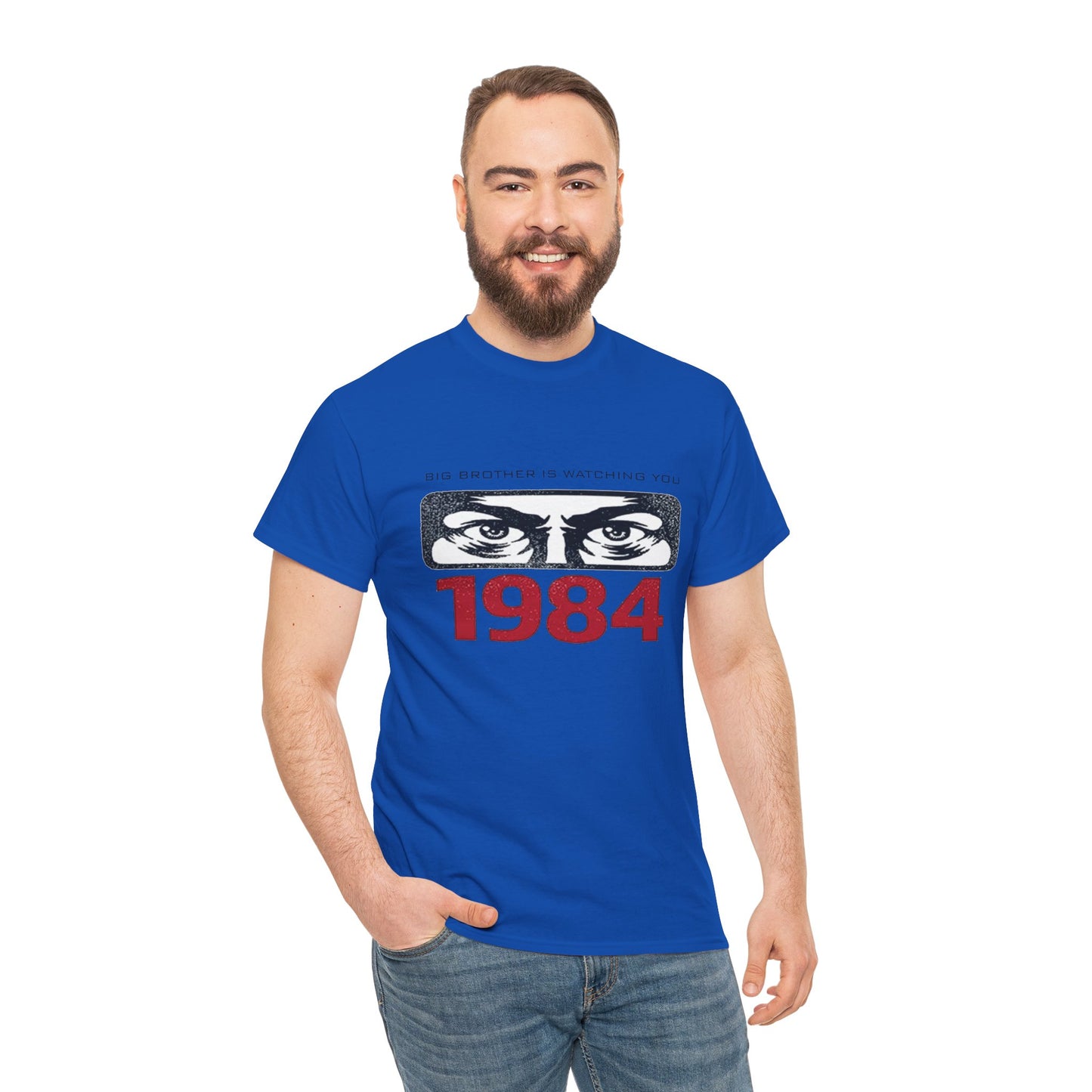 Black Big Brother Is Watching You 1984 T-Shirt by Printify featuring George Orwell dystopian design and political protest message.