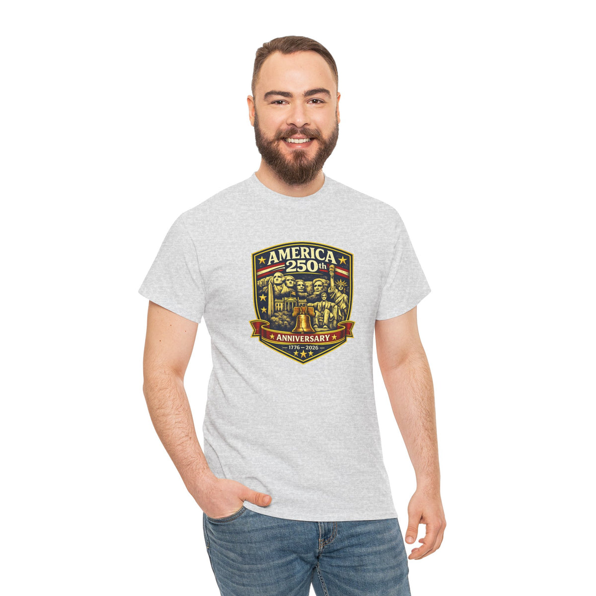 White patriotic T-shirt featuring America's 250th Anniversary badge and USA-themed design by Printify, casual and festive attire.