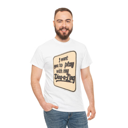 Retro graphic T-shirt by Printify featuring Chuck Berry's "I Want You to Play with My Ding-a-Ling" humor design.