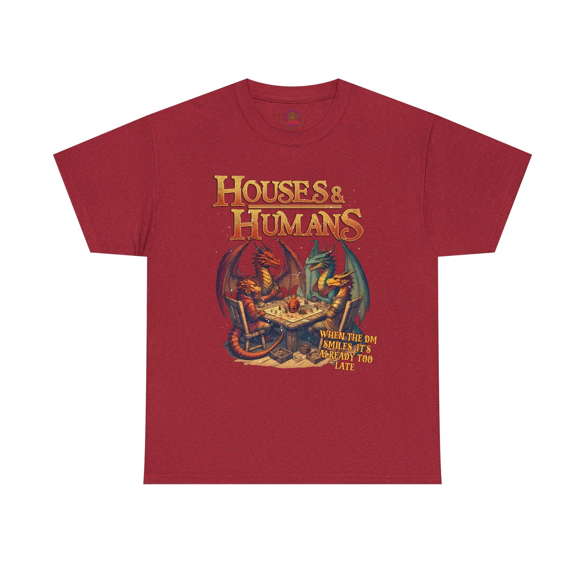 Printify Houses and Humans Role-Playing T-shirt featuring a colorful graphic design inspired by RPG and tabletop gaming culture.