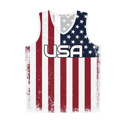 American flag basketball jersey tank with USA all-over print, featuring vibrant red, white, and blue patriotic design.