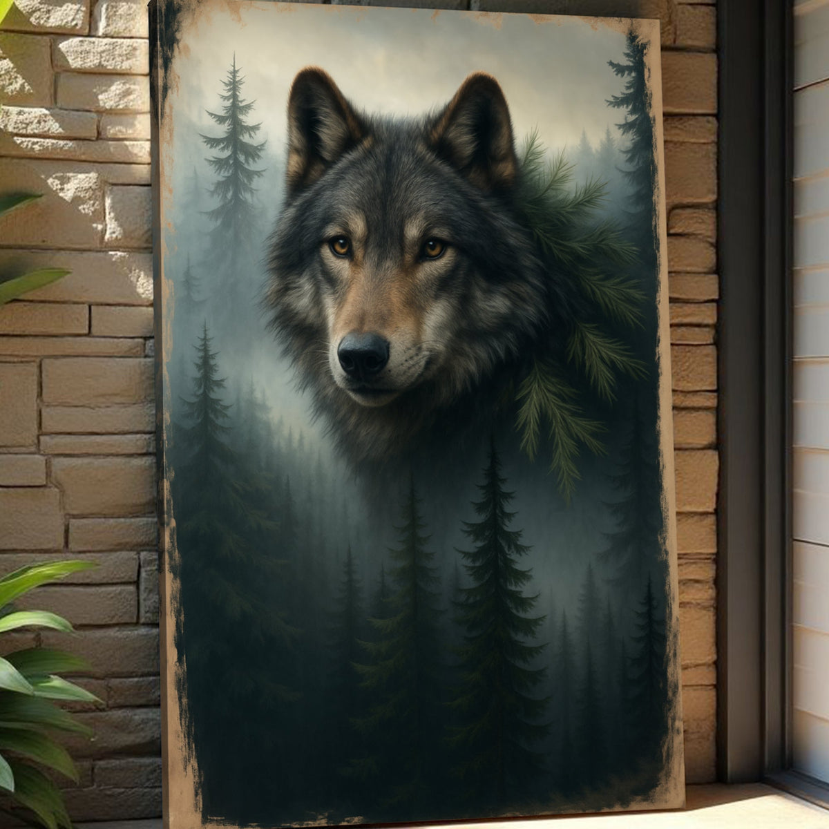 Wolf double exposure wall art canvas by Tailored Canvases featuring a black and white wolf image with artistic double exposure effect.