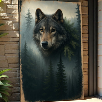 Wolf double exposure wall art canvas by Tailored Canvases featuring a black and white wolf image with artistic double exposure effect.