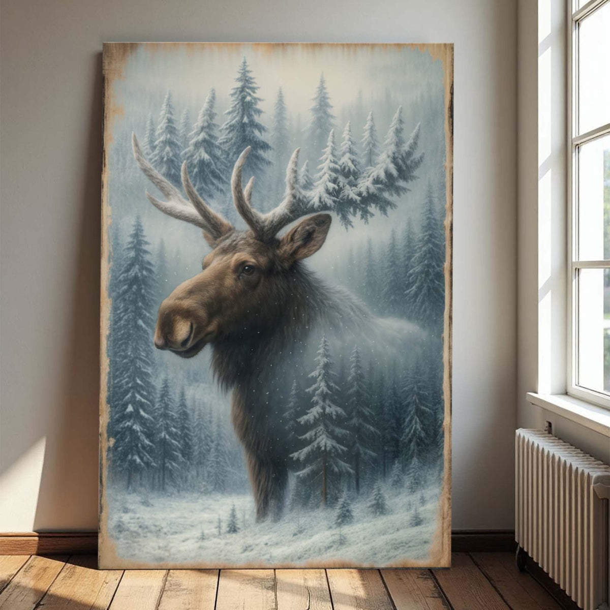 Snowy forest moose double exposure canvas wall art by Tailored Canvases showing a moose silhouette over winter woodland scene.