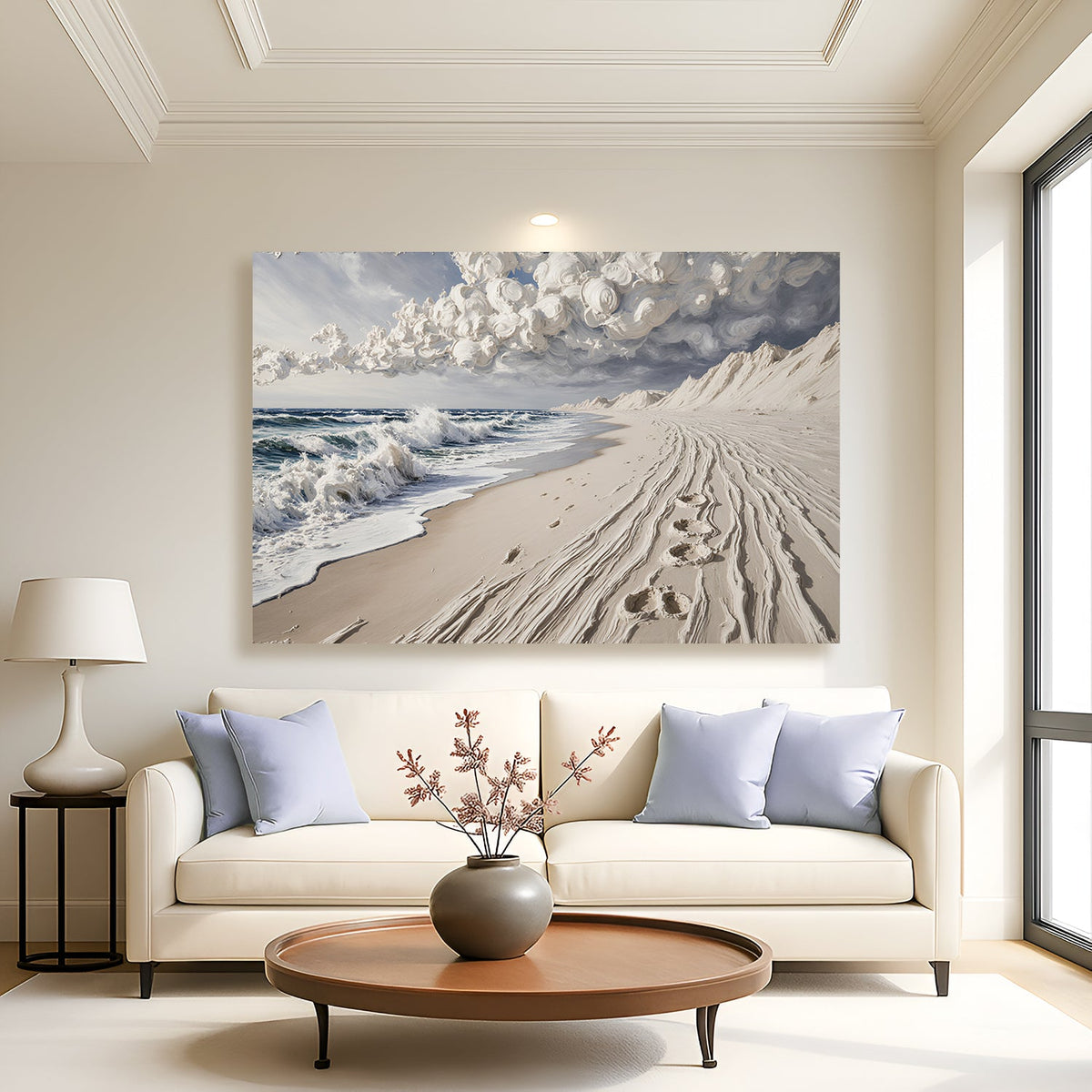 Canvas wall art featuring footprints in the sand, by Tailored Canvases, showcasing a serene beach scene with soft, natural colors.