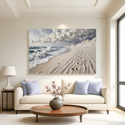 Canvas wall art featuring footprints in the sand, by Tailored Canvases, showcasing a serene beach scene with soft, natural colors.