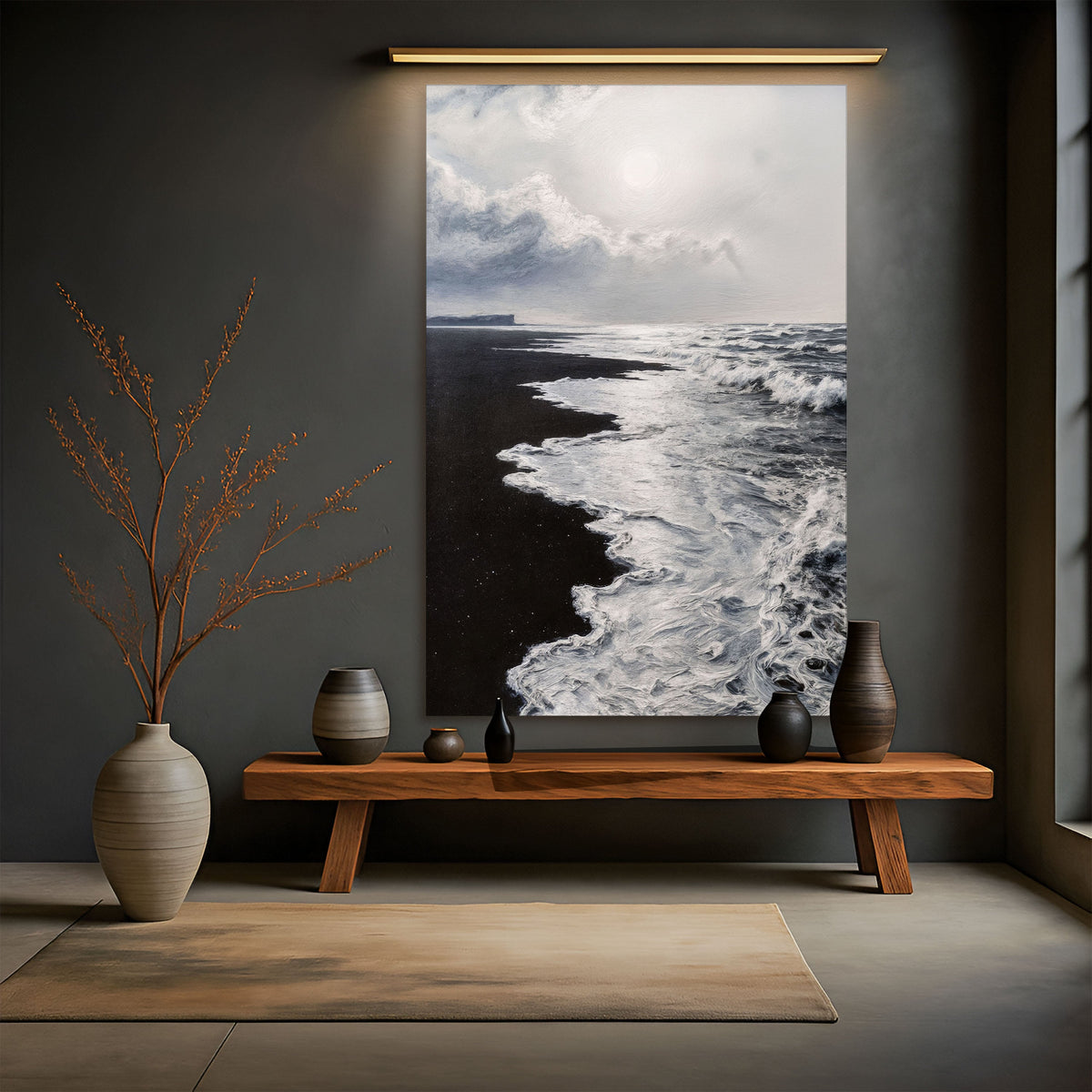 Black and white abstract wave design on canvas wall art by Tailored Canvases, featuring flowing wave patterns and modern artistic style.