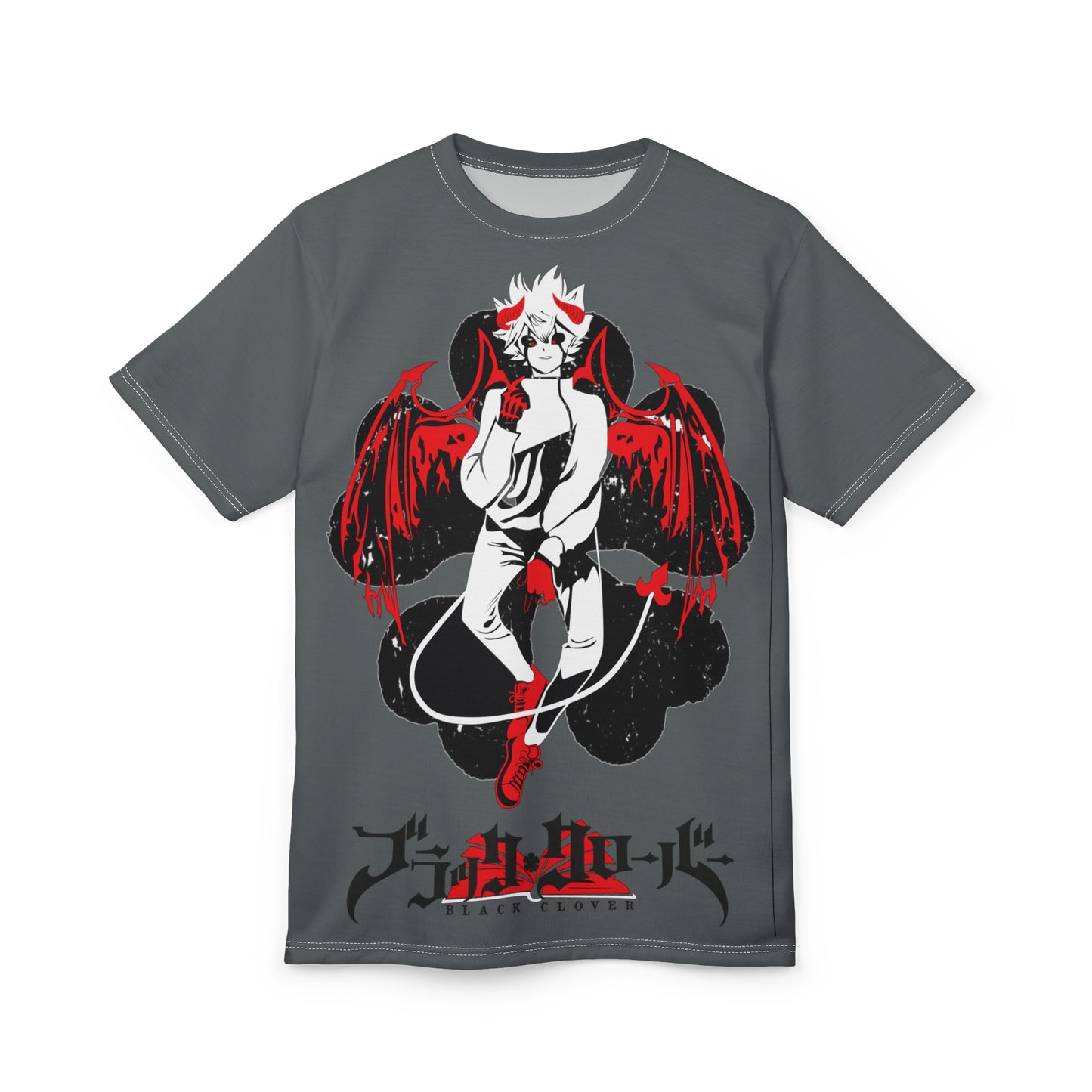 Black Clover anime unisex T-shirt with Asta demon print, all-over manga-themed design in black and white, from Printify.