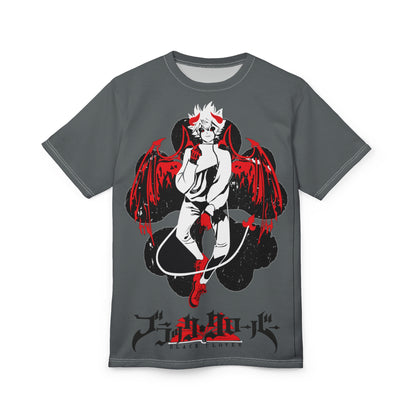 Black Clover anime unisex T-shirt with Asta demon print, all-over manga-themed design in black and white, from Printify.