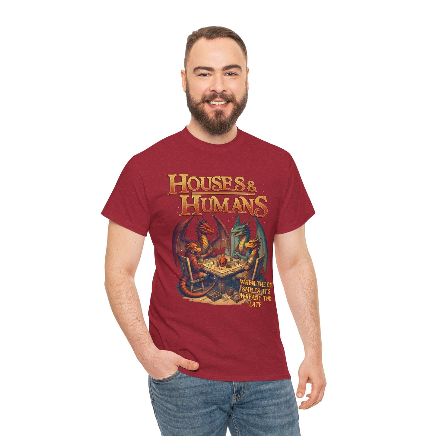 Houses and Humans Role-Playing Tee featuring fantasy-themed artwork, ideal for RPG and TCG gaming fans, by Printify.