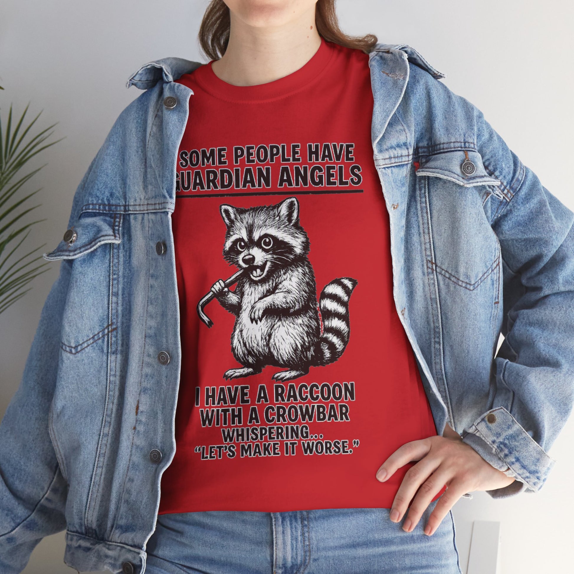 Raccoon with crowbar printed T-shirt featuring "Some People Have Guardian Angels" slogan, casual graphic tee from Printify