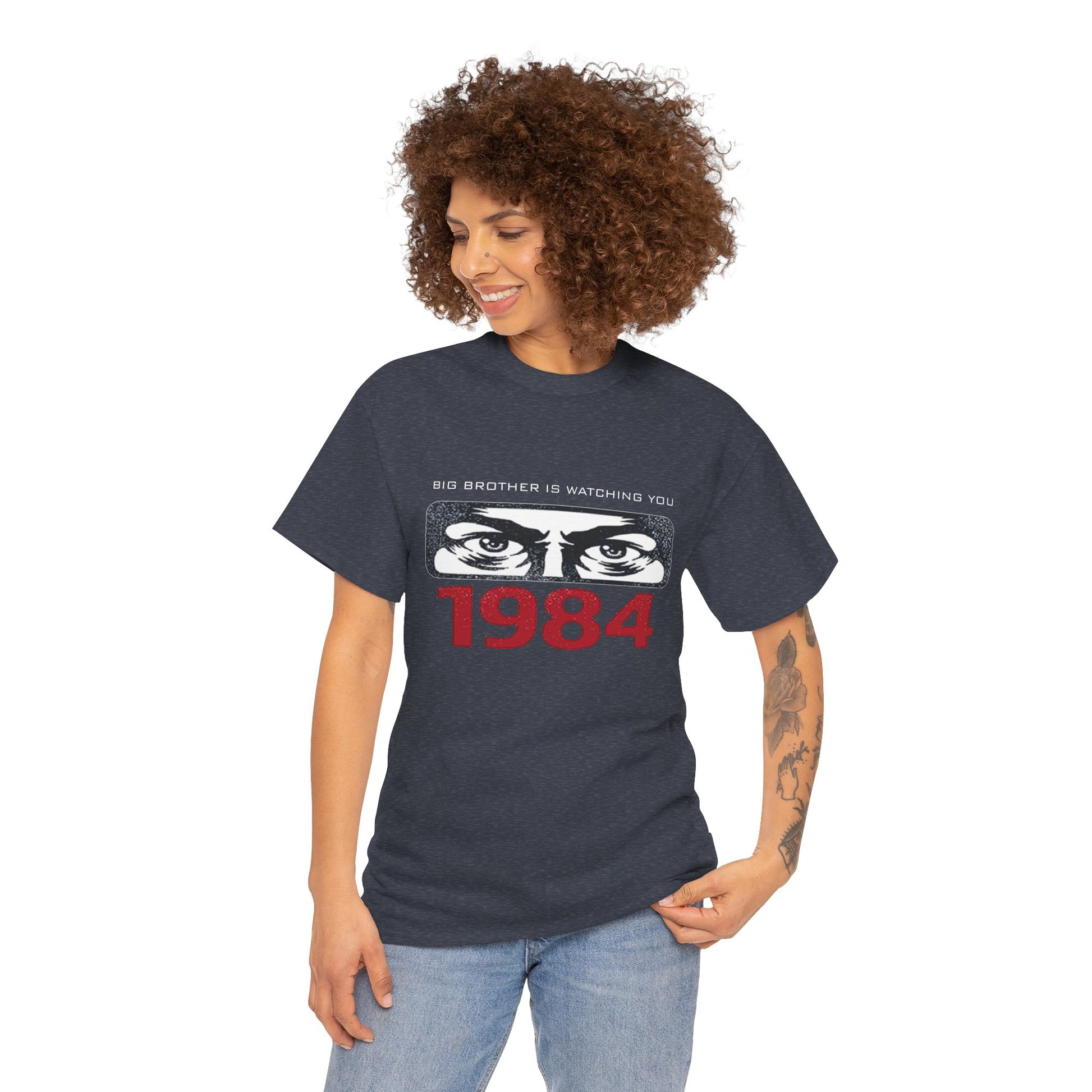Gray "Big Brother Is Watching You" T-shirt featuring George Orwell's 1984 dystopian design, political protest graphic.