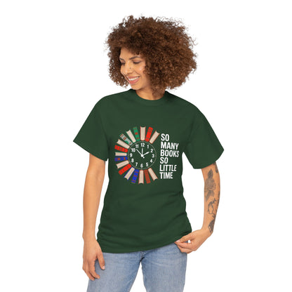 Printify T-shirt featuring a reading clock design with the phrase "So Many Books So Little Time" for book lovers.