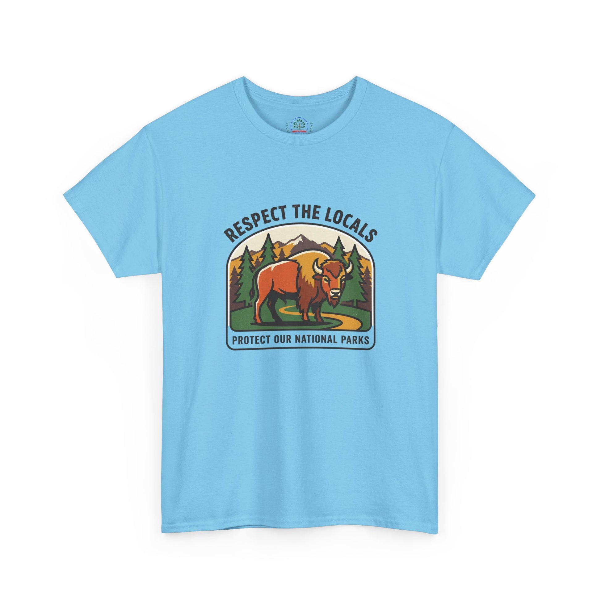 Respect the Locals Bison Patch T-Shirt by Printify featuring a bison patch design for national parks and outdoor enthusiasts.