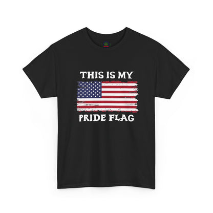 Unisex patriotic T-shirt from Printify featuring a distressed American flag design with the phrase "This Is My Pride Flag."