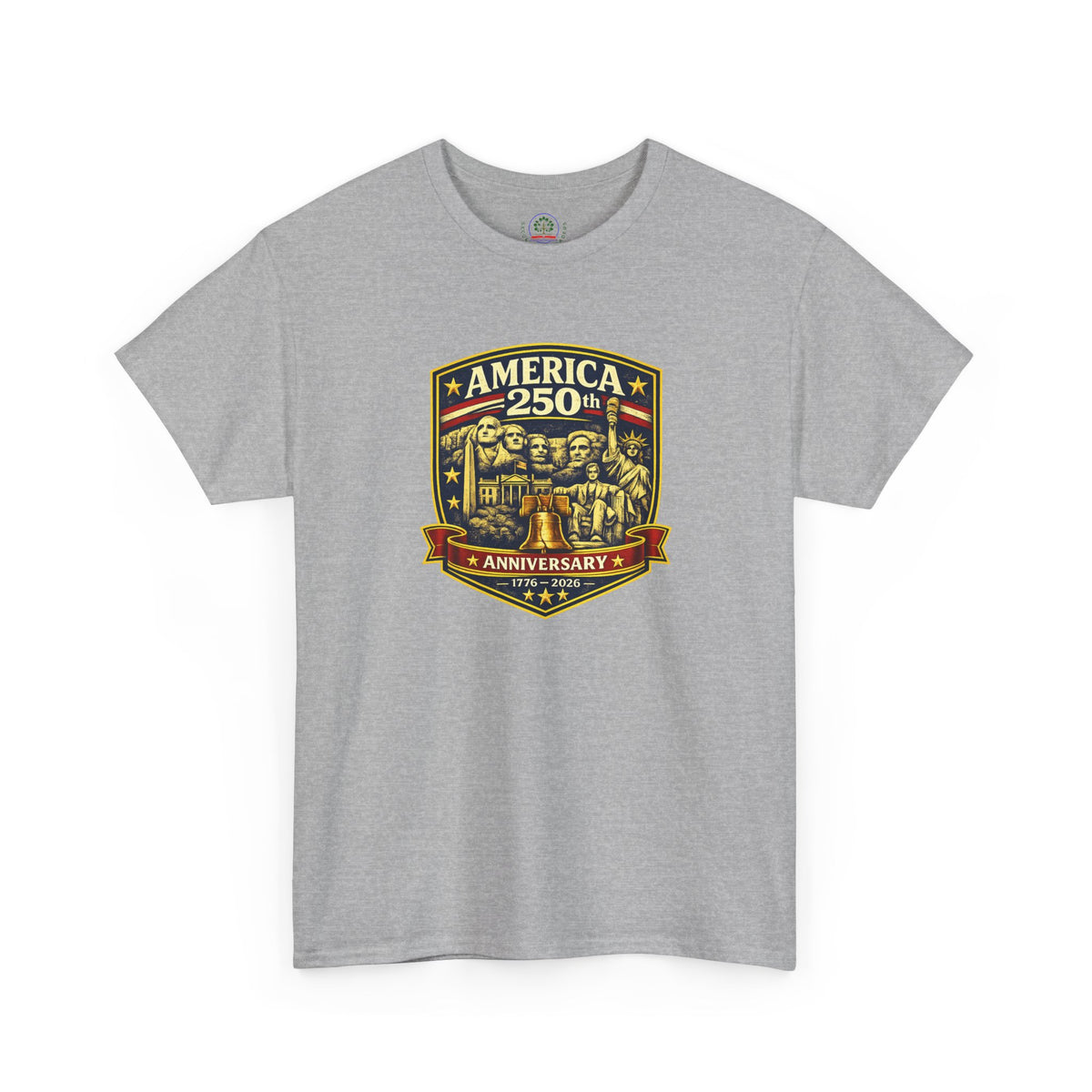 Printify America 250th Anniversary T-Shirt featuring a patriotic badge design in red, white, and blue, highlighting American pride.