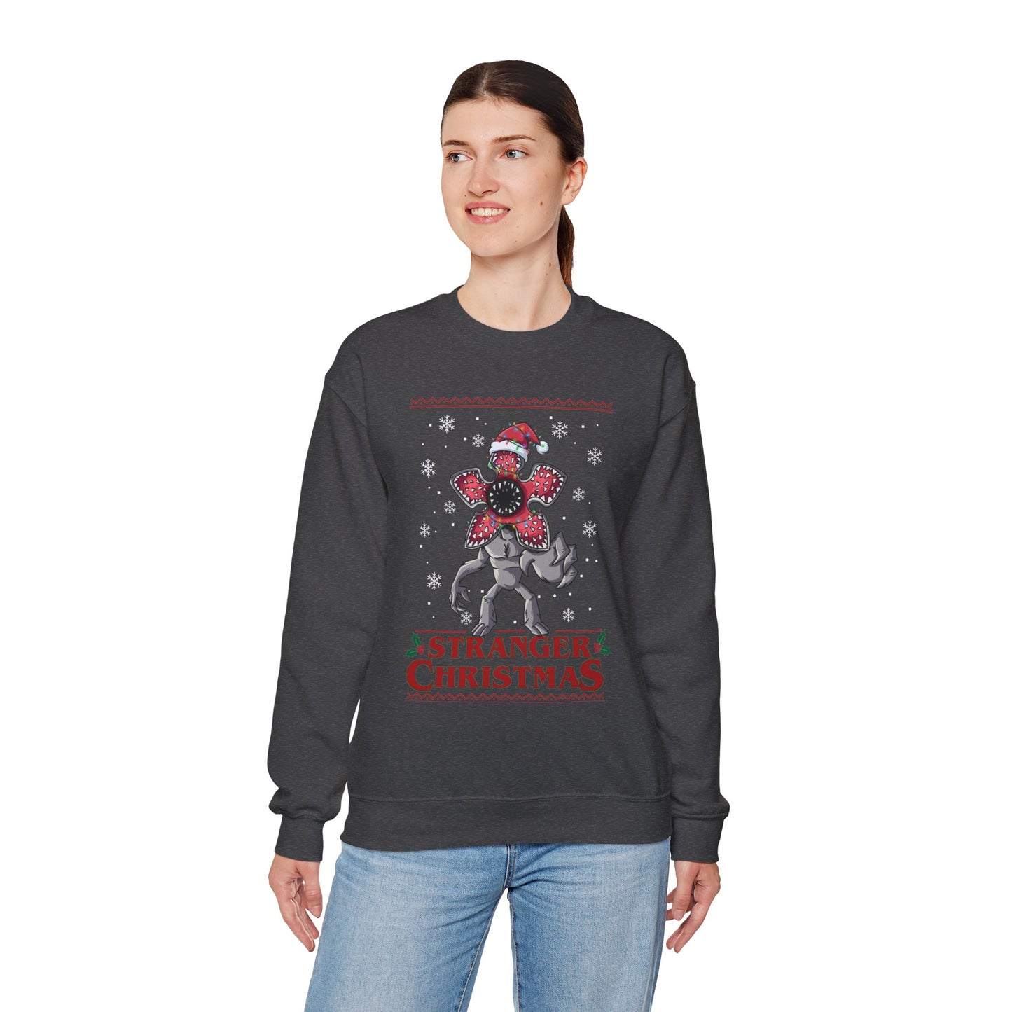 Stranger Christmas Crewneck Sweatshirt — Retro Holiday Stranger Things Demogorgon Design, Ugly Sweater