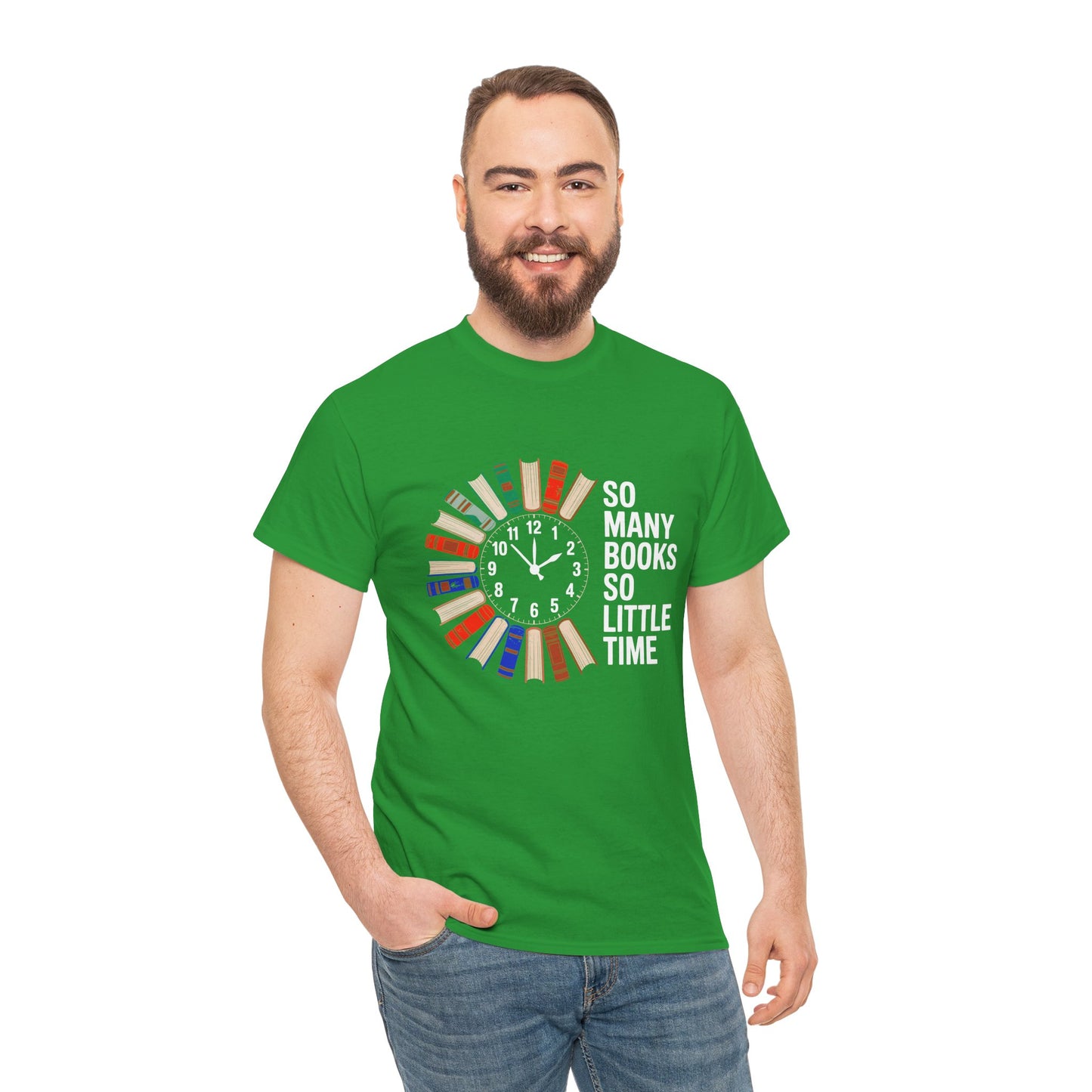 Printify T-Shirt featuring a reading clock design with "So Many Books So Little Time" text, perfect for book lovers.