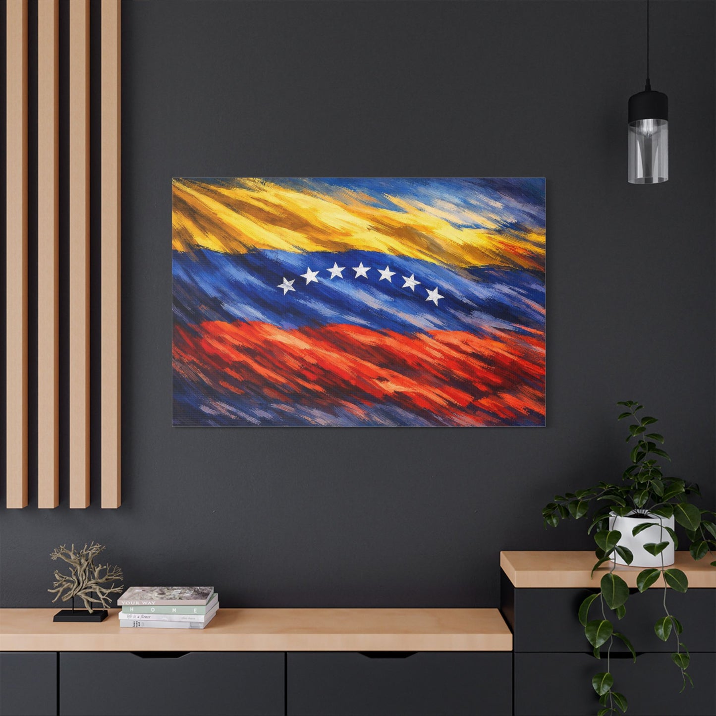 Canvas print of Venezuela before Chavez with Venezuelan flag, stretched satin wall art, ideal for history enthusiasts.