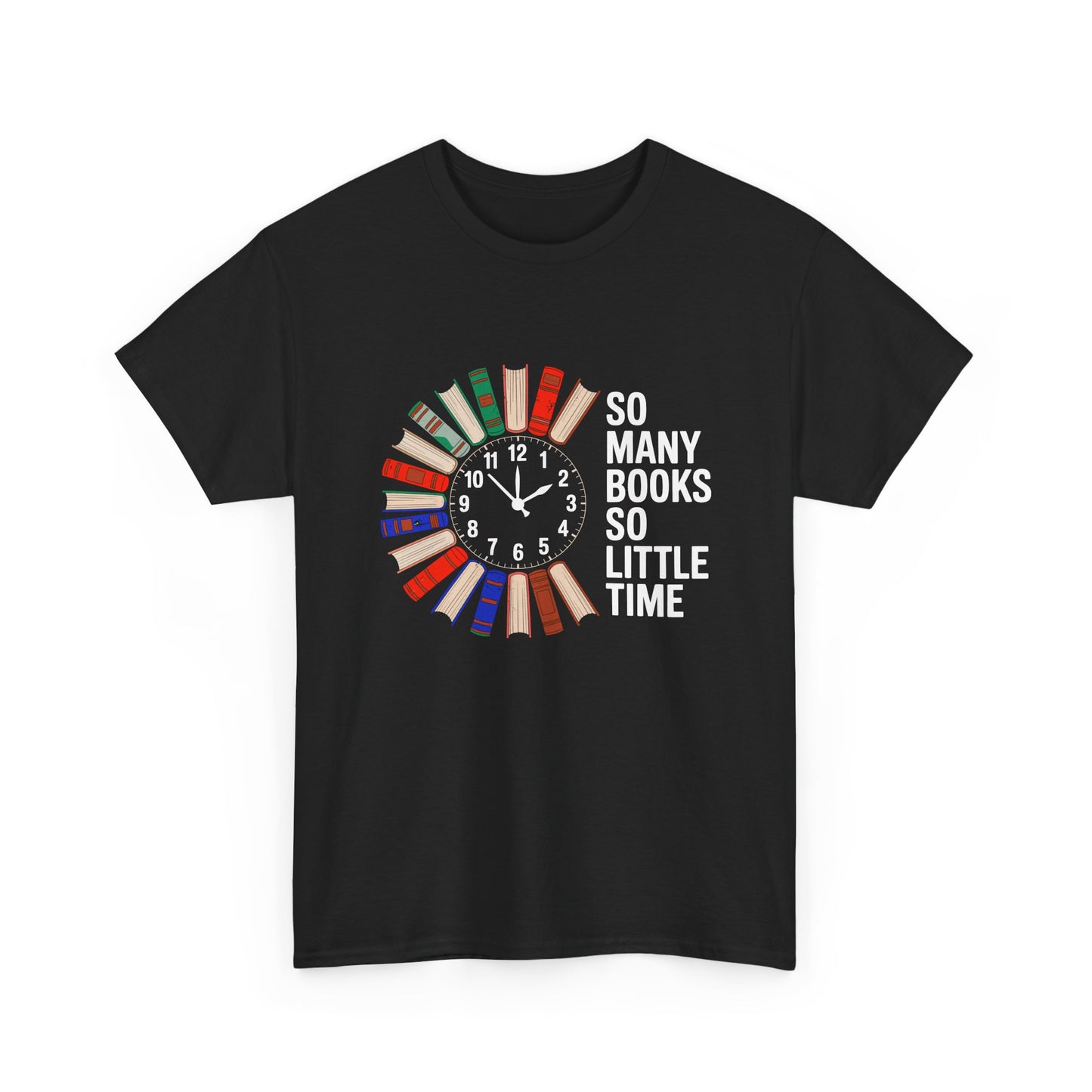 Black T-shirt with reading clock and book lover design, featuring the "So Many Books So Little Time" text, by Printify.