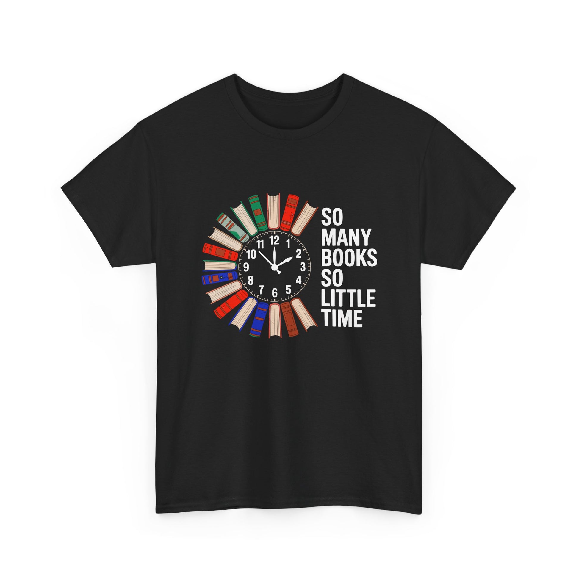 Black T-shirt with reading clock and book lover design, featuring the "So Many Books So Little Time" text, by Printify.