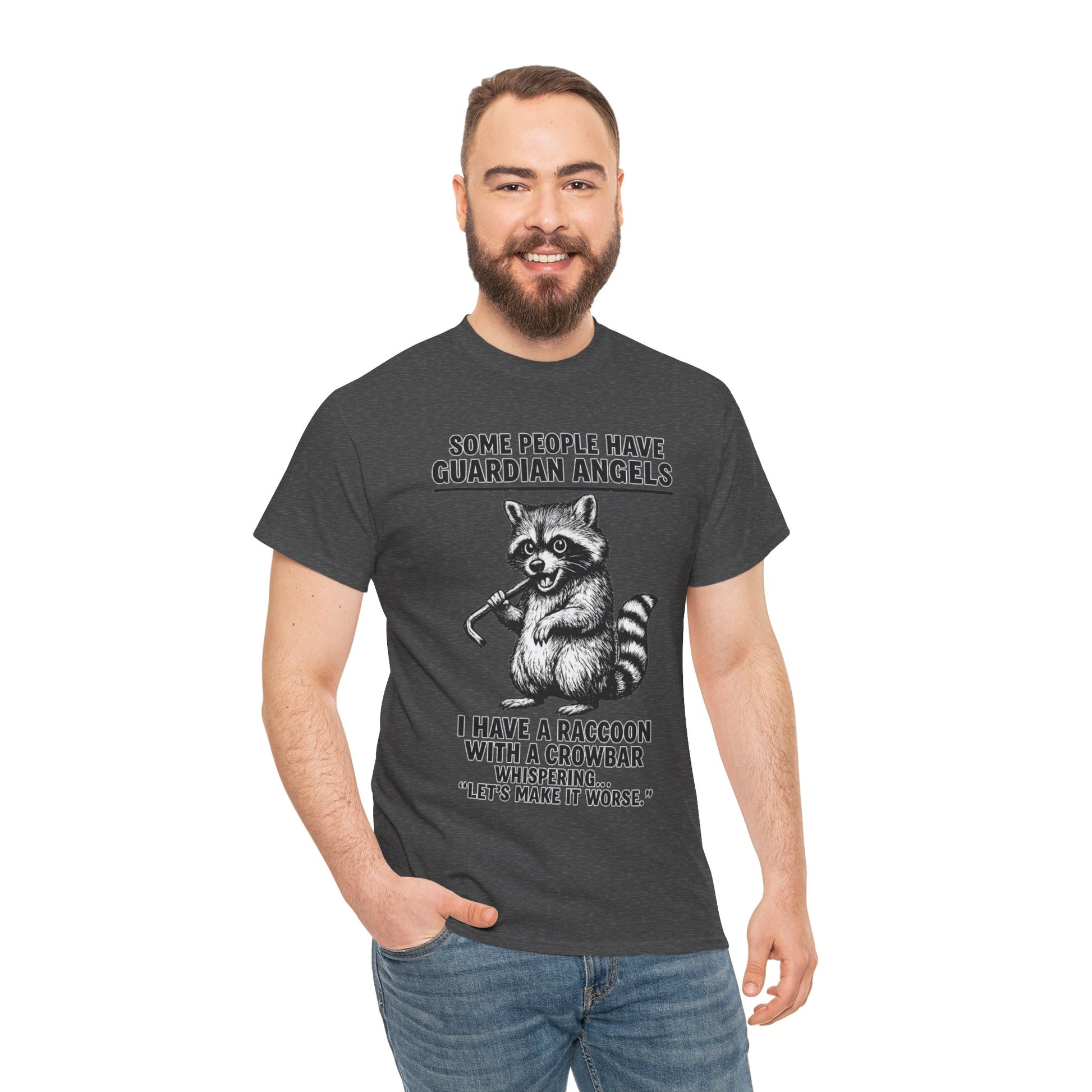 Raccoon with crowbar graphic T-shirt featuring the phrase "Some People Have Guardian Angels" in bold print, casual wear.