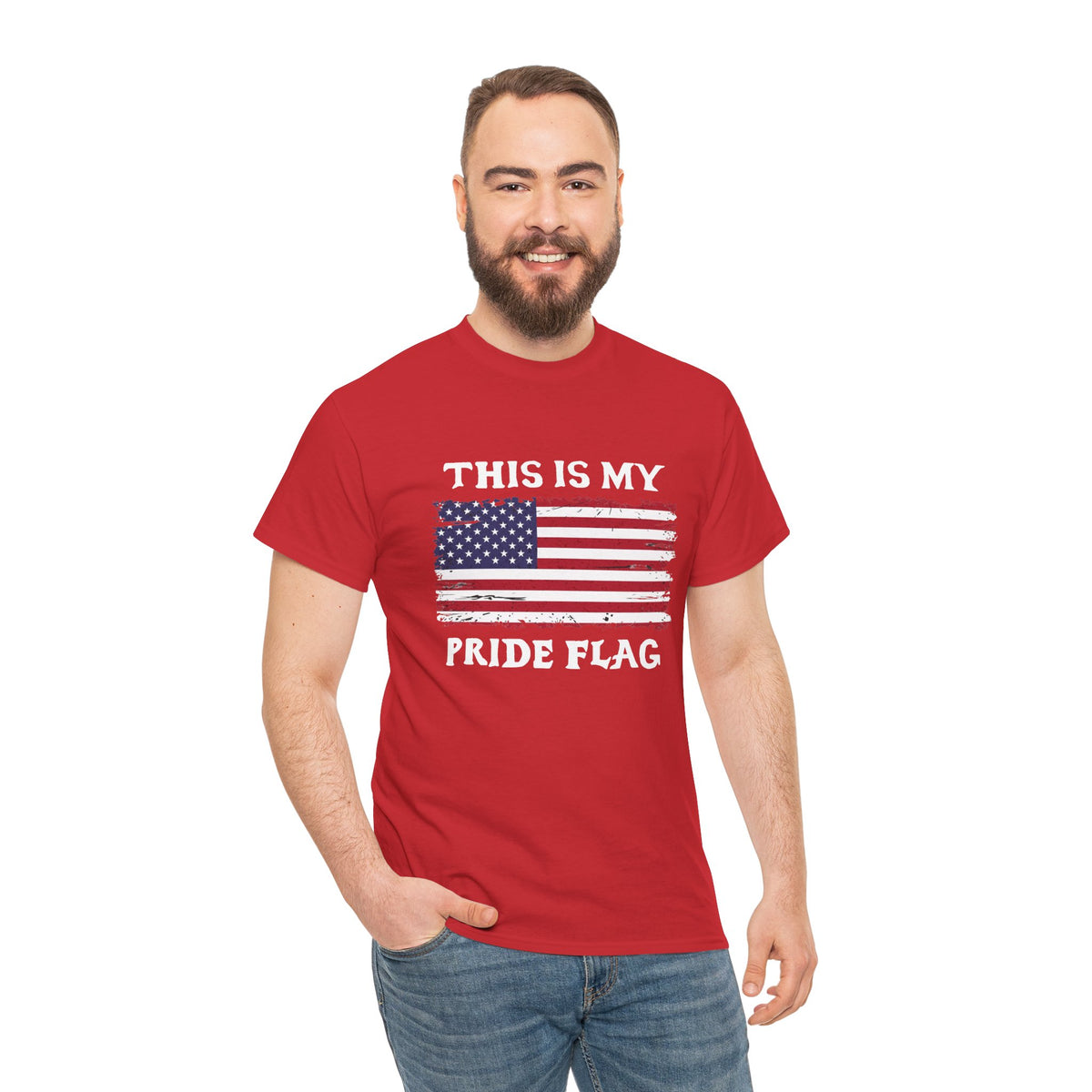 Unisex patriotic T-shirt with distressed American flag design and "This Is My Pride Flag" slogan by Printify.