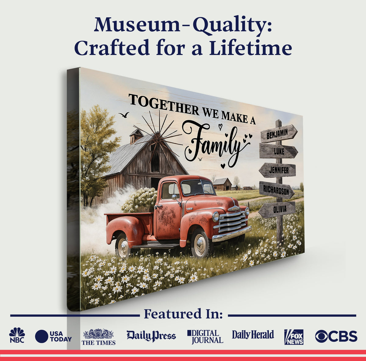 Personalized farmhouse family truck wall art on canvas by Tailored Canvases, featuring a vintage old truck design.