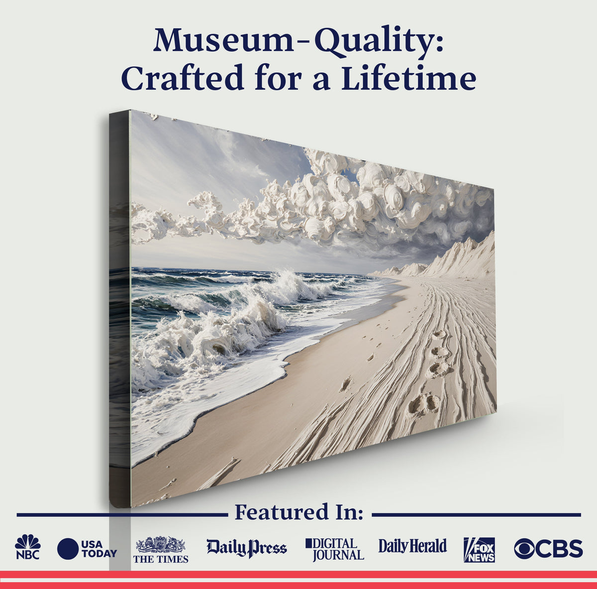Canvas wall art featuring footprints in the sand, created by Tailored Canvases, showcasing a serene beach scene with footprints.