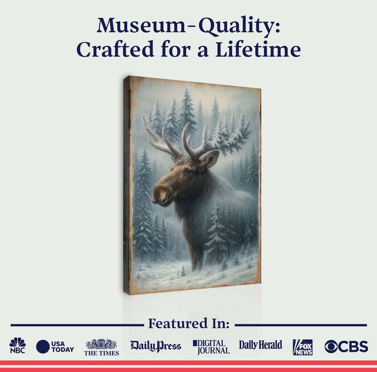 Snowy forest and moose double exposure canvas wall art by Tailored Canvases showing a winter woodland scene with a moose silhouette.